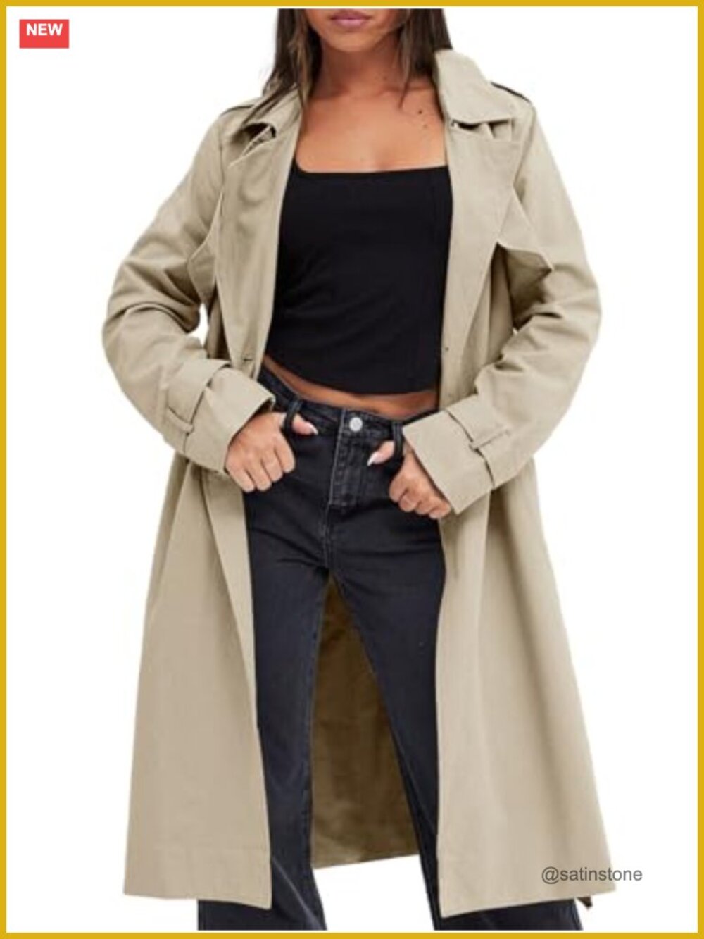 Women's Double Breasted Long Trench Coat with Belt - 100% Polyester